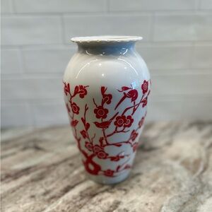 Vintage Anchor Hocking 9" Vase Red Birds Cherry Blossoms Milk Glass Hoover